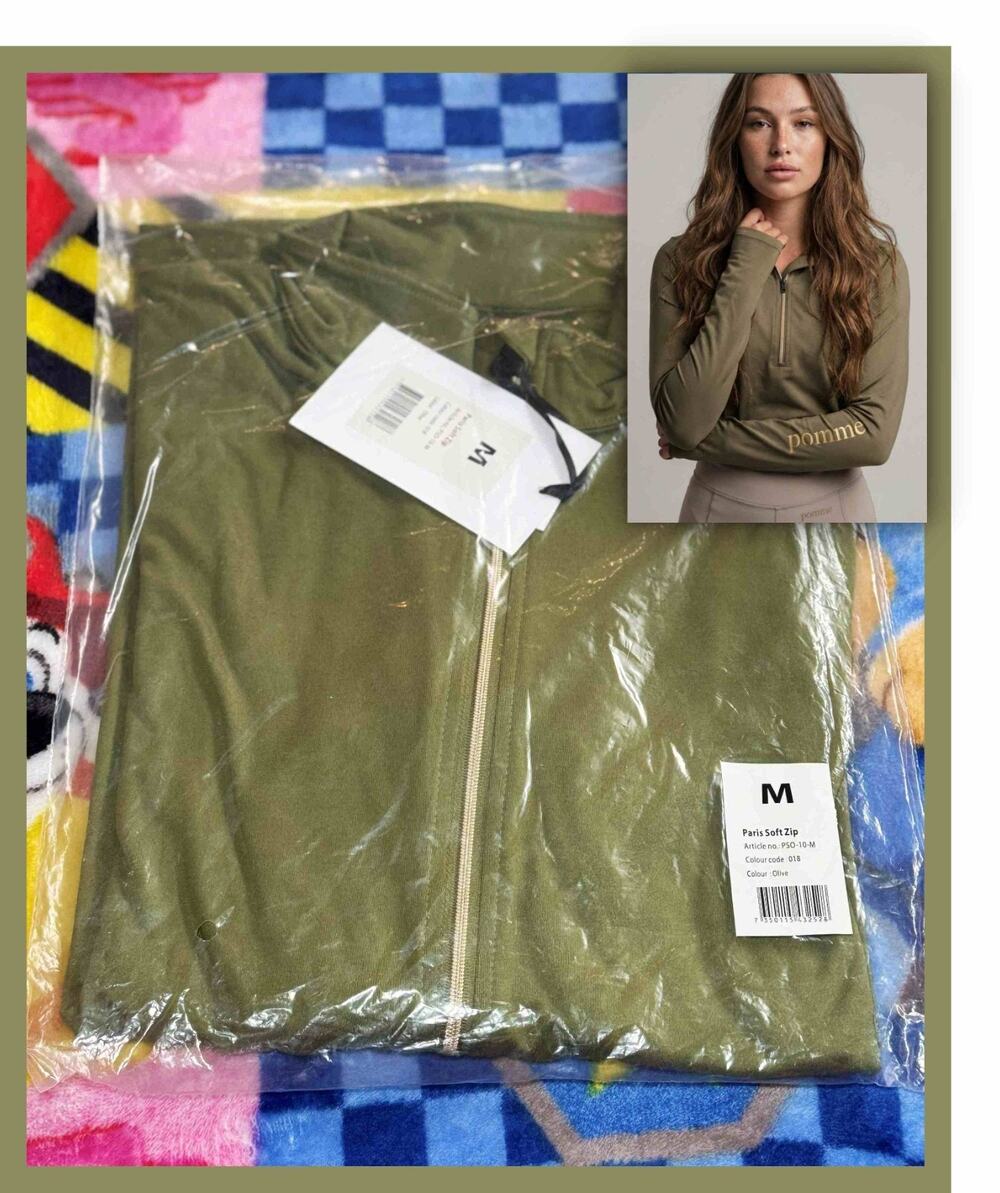 Pomme Equestrian Paris Soft Zip M Olive Green Baselayer Horseback Riding Top
